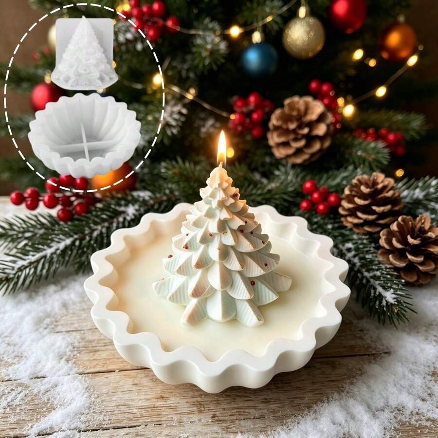 2件組矽膠模具，聖誕樹模具與蕾絲收納托盤模具，聖誕裝飾石膏蠟燭模具，節日氛圍裝飾模具，適用於手工藝品，可重複使用 - 矽膠模具 - 查看 1