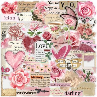 Set 50 Stiker Tema Cinta Mawar Merah Muda Vintage Gaya , Perekat PET, Stiker Dekorasi untuk Ponsel, Perencana, Hadiah, Hadiah Hari Valentine