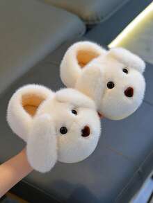1 Pair Boys & Girls Plush Slippers, Dog Ear Design, Fuzzy Lining, Non-Slip Soft Rubber Sole, Suitable For Toddlers And Children Indoor Warm Home Slippers - White - View 2