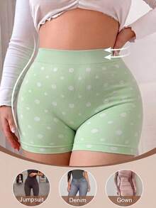 1 Peça Shorts de Cintura Alta com Poá Plus Size Feminino, Calcinha Camada com Cobertura Total, Roupa Íntima Casual Diária Feminina - Verde - Visão 2