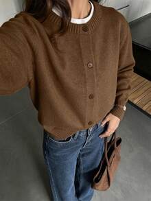 2026 New Fall Clothes For Women Fashionable Casual Solid Crew Neck Ribbed Button Long Sleeve Sweater Knit Cardigan - Brown - View 8