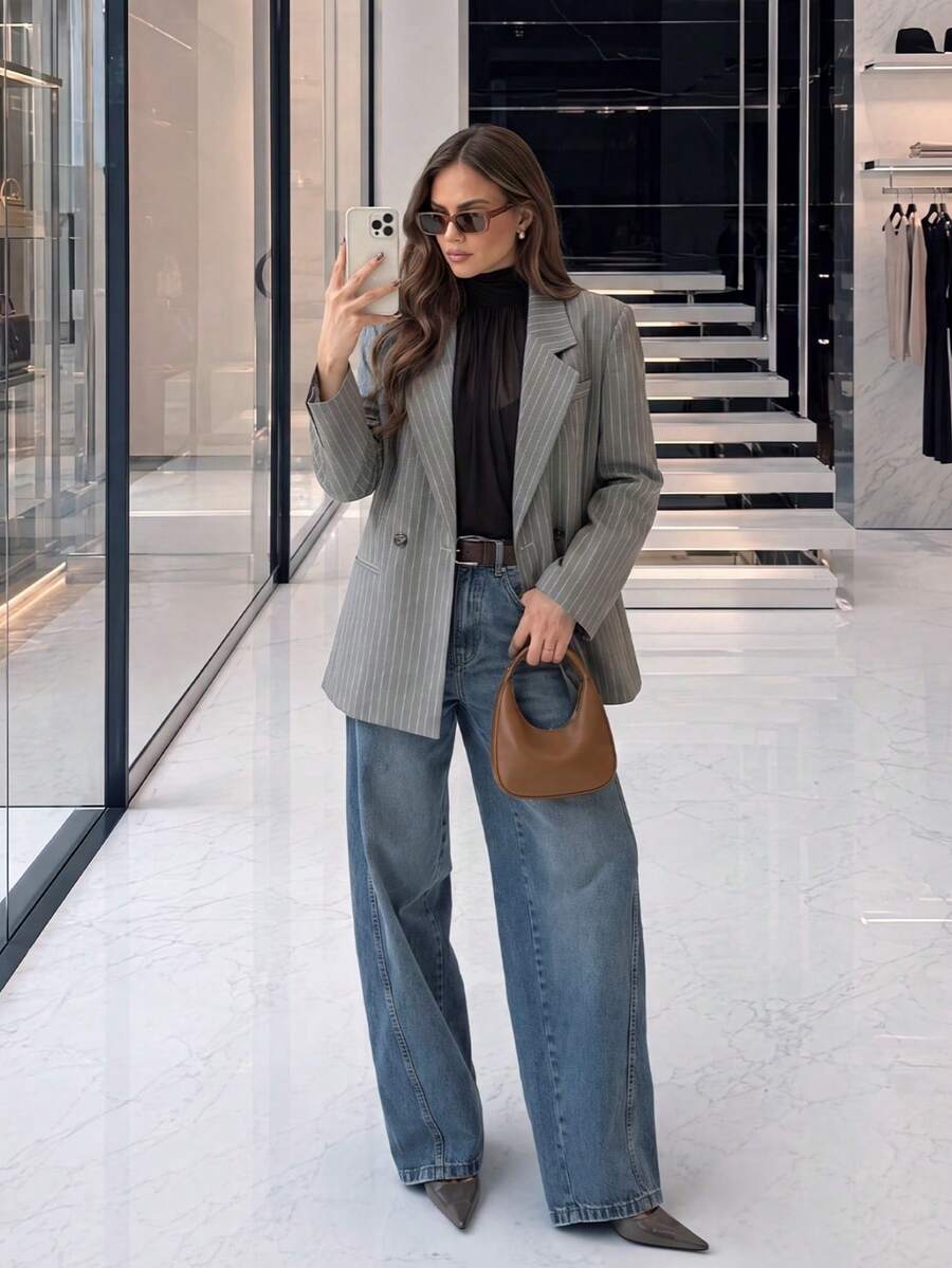 Women Fall Elegant Casual Grey Stripe Button Up Long Sleeve Blazer For Office Vacation Going Out - Grey - View 1
