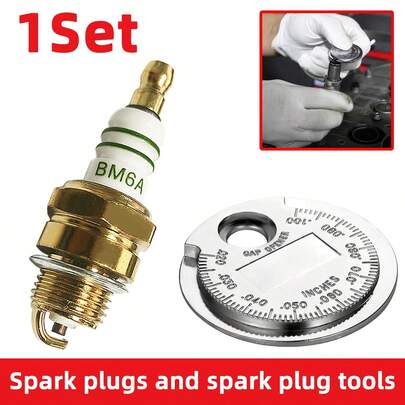 BM6A Spark Plug With Coin Type Gap Measuring Gauge Durable Ignition Replacement Components Fit For 2 Stroke Small Gas Engine Garden Machinery Chainsaw Grass Trimmer Hedge Trimmer Outdoor Power Equipment