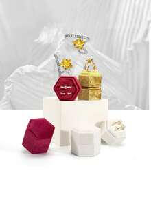 1 Elegant Hexagon Velvet Ring Display Box, White Engagement And Wedding Set Keepsake Box, Double Slot Ring Organizer, Valentine's Day Gift - Jewelry Box - View 6