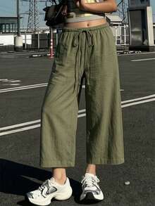 Women's Cropped Length Wide Leg Pants, Summer New Style Elastic Waist Drawstring Lightweight Breathable, Slouchy, Loose Versatile Casual Pants, Suitable For Daily Wear - Army Green - View 9