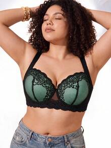 Plus Size Floral Lace Underwire Bra, Wide Strap Comfortable Style, Full Coverage Design, Exquisite Lace Details, Supportive Underwire For Lifted Bust - Mint Blue - View 5