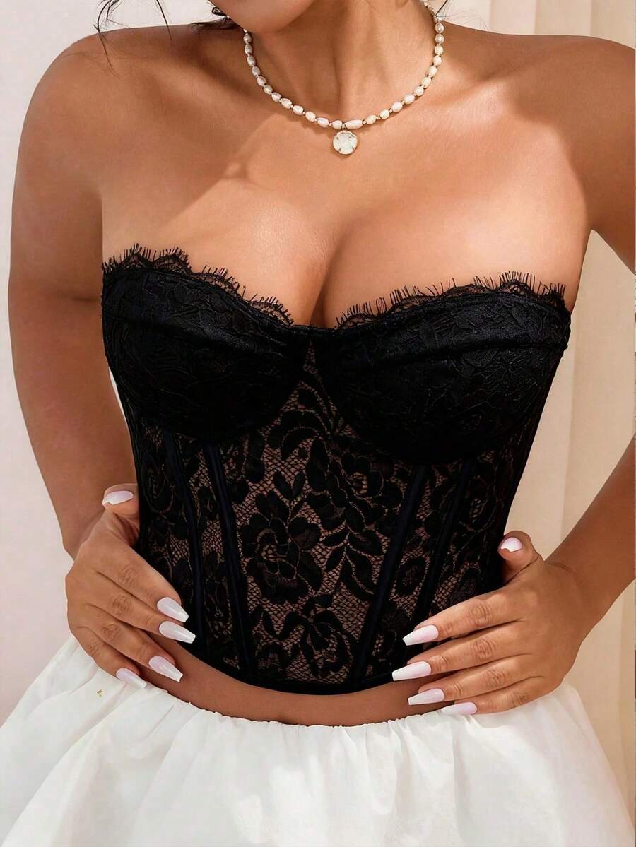 Yuwenier 優雅蕾絲布料原邊素色束腰上衣 女款無肩帶半透視抹胸婚禮上衣 黑色 夏季 - 黑色 - 查看 1