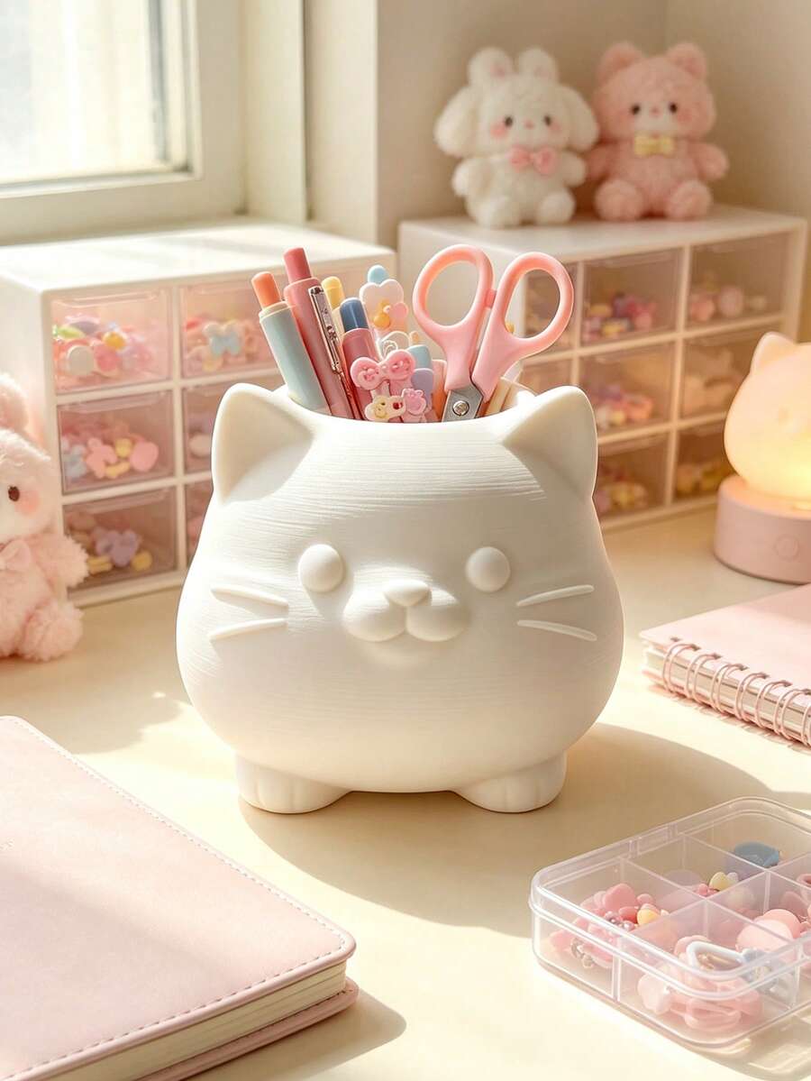 3D列印化妝品收納盒，居家辦公用品收納器，創意貓咪造型收納盒，桌面收納裝飾，適用於客廳、書房、臥室、浴室小物品收納，化妝品收納，房間裝飾