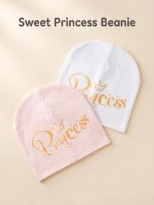 2 Peças Gorro de Algodão Quente com Estampa de Letra de Princesa em Folha para Bebê Menina, Uso Diário em Casa & Ao Ar Livre, Todas as Estações - Multicolorido - Visão 6