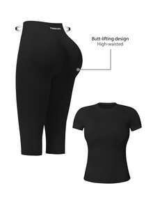 TimeOff Conjunto deportivo de mujer de un solo color sin costuras con cuello redondo, manga corta, cintura acanalada y pantalones de largo medio - Negro - Ver 11