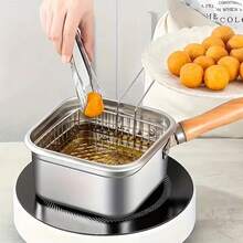 Square Stainless Steel Deep Fryer Pot Wooden Handle, Chip Frying Pan With Fry Basket & Tongs, Multi Functional Tempura Deep Fat Fryer Kitchen Cookware - View 5