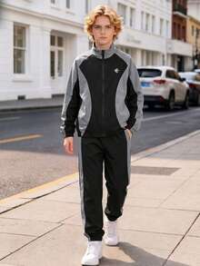 Teen Casual Sports Set, Color Block Patchwork Stand Collar Cardigan Jacket, Side Stripe Cuffed Long Pants, Long Sleeve Woven 2 Pieces Set - Black - View 2
