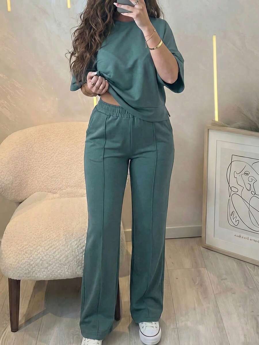 Vaiaye Women's Summer Green Sports 2 Pieces Set, Short Sleeve Top + Wide Leg Sports Pants, Suitable For Gym, Streetwear, Beach And Vacation Elegant - Dark Green - View 1