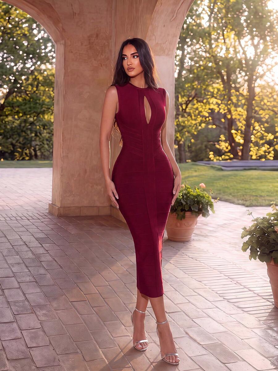 ADYCE Elegant Round Collar Sleeveless High-Waisted Back Split Tight Bodice Mid-Length Party Dress For Prom Evening Date Homecoming Party Wedding Christmas - Burgundy - View 1
