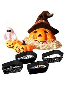 4pcs Halloween Coffin Shaped Cardboard Box Tray Set, Spider Web & Bat Print Storage Boxes; Halloween Party Display Trays, Halloween Tabletop Decor Plates, Halloween Gift Storage Boxes, Halloween Gift Packaging, Halloween Party Packaging Supplies - Multicolor - View 6