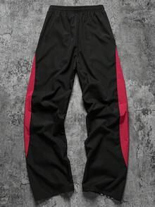 Men's Drawstring Waist Colorful Patchwork Side Stripe Wide Leg Sweatpants, Loose Street Casual Sports Long Pants - Black - View 6