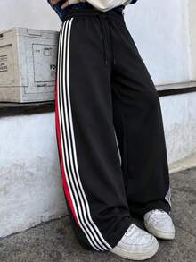 Men's Drawstring Waist Colorful Patchwork Side Stripe Wide Leg Sweatpants, Loose Street Casual Sports Long Pants - Black - View 2