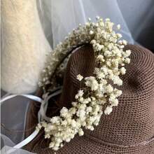 Artificial Flower Headpiece, White Starry Sky Flower Headpiece With Ribbon, Adjustable Flower Headpiece, Suitable For Wedding Bride Photography, Bohemian Beach Vacation Hair Accessory - White-green - View 2