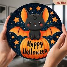 萬聖節主題 2D 平面木製印花裝飾，蝙蝠與南瓜圖案，飾有「Happy Halloween」字樣及星星月亮設計，適合居家、酒吧與咖啡廳裝飾 - A - 查看 5