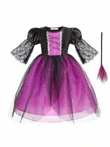 2PCS Black & Purple Halloween Girls Dress, Matching Witch Broom, Suitable For Halloween Party, Carnival Party, Friends Gathering, Birthday Party, Stage Performance And Other Large Holiday Events - Purple - View 2