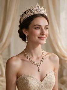 奢華水鑽婚禮皇冠珠寶套組 水晶皇冠 垂墜式耳環 吊墜項鍊 新娘婚禮儀式飾品 - 多色1 - 查看 4