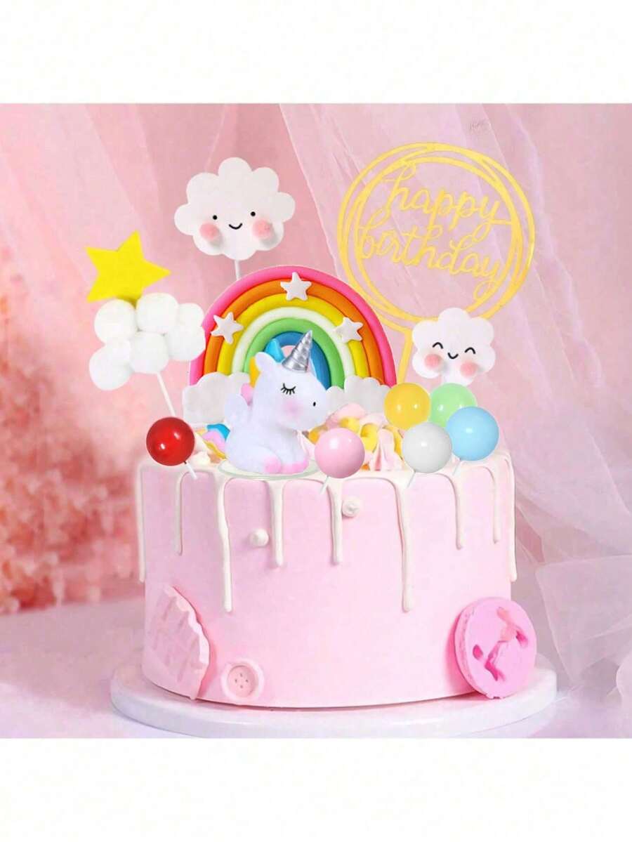 12pcs Unicorn Theme Cake Decor, Cloud Star Colorful Foam Ball Cake Decorations, Baptism Party, Gender Reveal Party, Happy Birthday Cake Decorations (Please Use With Tray And White Sticks) - Multicolor - View 1