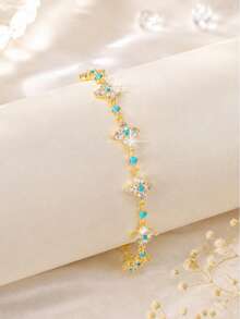 1pc Gentle Floral Patchwork Bracelet, Four-Petal Flower With Rhinestones And Blue Beads, Date Outfit Accessory - Type a - View 3