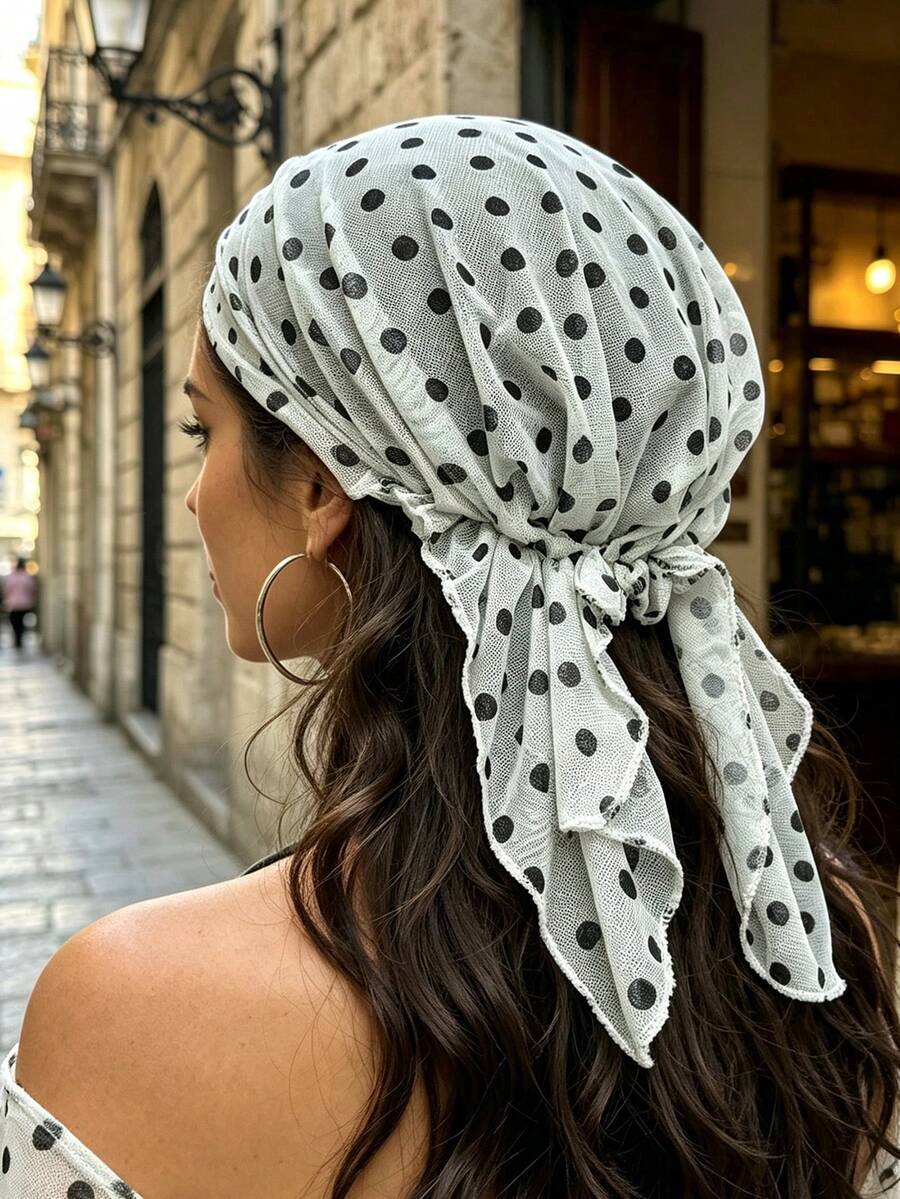 2/1pc French Vintage Polka Dot Mesh Triangle Headscarf, Lightweight Breathable Semi-Elastic Hair Wrap For Women, Suitable For City Street Photography, Vacation Travel, Atmospheric Hair Accessory - Multicolor - View 1
