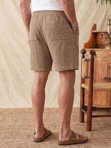 glestore Men's Vintage "Old Money Style" 100% Pure Cotton Double-Layer Pleated Shorts, Suitable For Casual, Vacation And Home Wear, Versatile - Brown - View 2