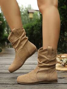 Vintage Maillard Ruched Mid-Calf Boots For Women, Autumn/Winter Fashion Commute, Shopping, Travel, Casual Versatile Flat Ankle Boots, Brown Boots, Black Boots - Camel - View 5
