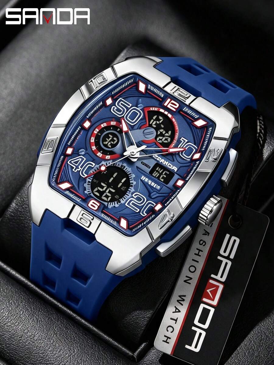 SANDA. SANDA Barrel-Shaped Sports Watch, Multifunction Casual Electronic Watch, Waterproof, Dual Display, Luminous, Alarm, Men's Watch