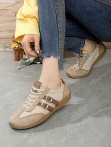 1 Pair Women's Spring/Autumn New Lace-Up Round Toe Low-Top Casual Shoes, Flat Comfortable Versatile White Sneakers, Colorblock Sporty Casual Shoes, Patchwork Retro Style Skate Shoes, Fashion All-Season Wear - Beige - View 6