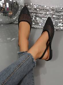 Lightweight Sheer Mesh Mule Shoes, Pointed Toe With Back Strap, Lace Mesh With Rhinestone Toe, Elastic Band Design, Casual Loafers, Elegant Minimalist Commuter Hollow Flat Shoes - Black - View 3