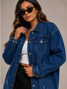 Max Women's Long Oversized Denim Jacket With Pockets For Winter - Warna gelap dengan efek pudar. - View 3