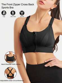 Women's Sports Bra Cropped Tank Top, Front Zipper Adjustable Strap, Shock-Absorbing Fitness Yoga Bra - Black - View 2