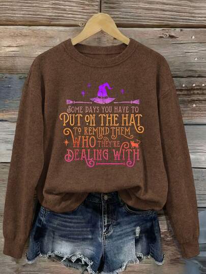 Plus Size Women's Halloween Casual Witch Letter Print Crew Neck Faux Sweater, Long Sleeve Pullover Top, Autumn/Winter Women's Clothing, Halloween Outfit