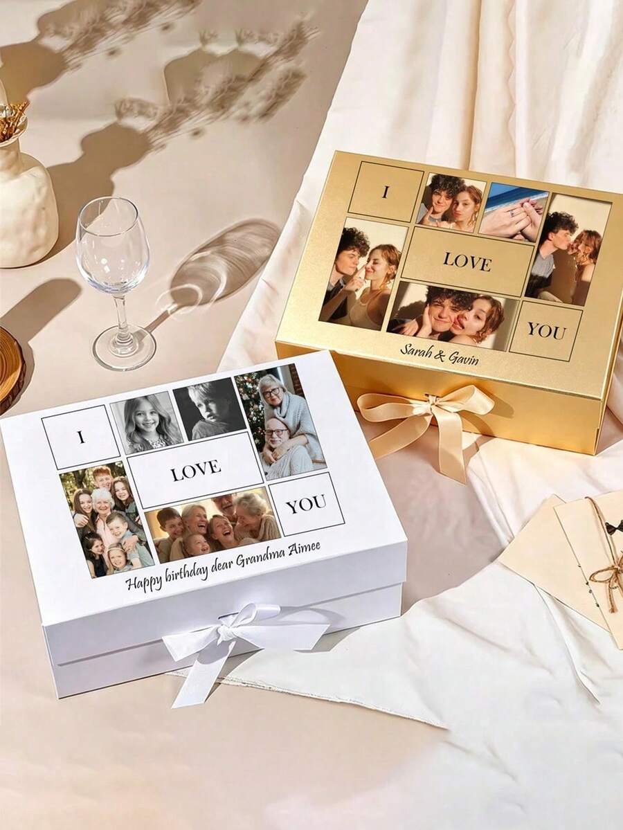 1pc Personalized Photo & Text Gift Box With Lid And Ribbon, Wedding Gift Box, Magnetic Decorative Foldable Proposal Keepsake Storage Box - Multicolor - View 1