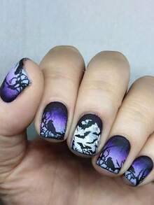 24pcs Short Square Crow Bat Dead Tree Branch Gradient Press-On Nails, Halloween Gothic Style Festival Nail Art - Multicolor - View 1