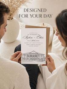 1pc Customized Venue Line Art Wedding Invitations, Personalized Wedding House Sketch Greeting Cards, Customized Text Wedding Venue Illustration Greeting Cards. - Multicolor - View 5