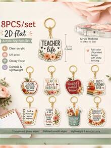 2D Flat Style, [2D Flat] 8/4/1pc Inspirational Teacher Appreciation Acrylic Keychain, Colorful Floral Quote Bag Charm, Gift For Educators, 2D Flat Style - Multicolor - View 2