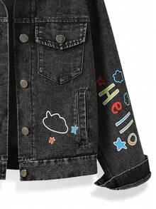 Tween Girls Y2K Style Denim Jacket And Coat, Big Tween Girl Retro Black Denim, Cartoon Rainbow Letter Print, Multi-Pocket Single-Breasted Open Front Lapel Long Sleeve Top, Suitable For Spring Summer Autumn Winter, Daily Wear, School, Commuting - Black - View 8