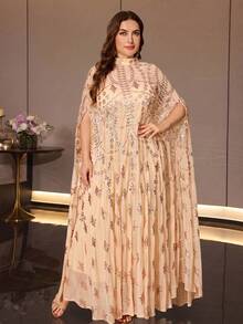 Plus Size Women's Heavy Beaded Embroidery Sequin Glamorous Stand Collar Elegant 2 Pieces Arabian Dress, Suitable For Ball And Multiple Occasions Fall - Apricot - View 3