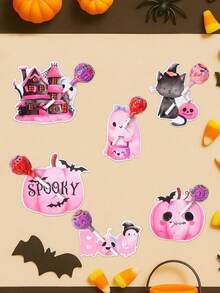 48pcs/1set Pink Watercolor Halloween Lollipop Card Inserts, Pumpkin Castle Ghost Black Cat Shaped Greeting Cards, With Holes For Candy Fixing, Paper Decorative Cards, Suitable For Children's Halloween Party Candy Packaging, Holiday Gifts, Kindergarten Gift Crafts - Multicolor - View 2