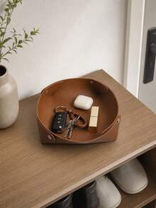 1pc Multifunctional PU Leather Storage Basket, Vintage Brown Round Foldable Storage Basket With Metal Snap, Desktop Organizer, Suitable For Jewelry, Keys, Watches, Cosmetics, Remote Controls, Entryway, Vanity, Bedroom, Office And Travel - Multicolor - View 1