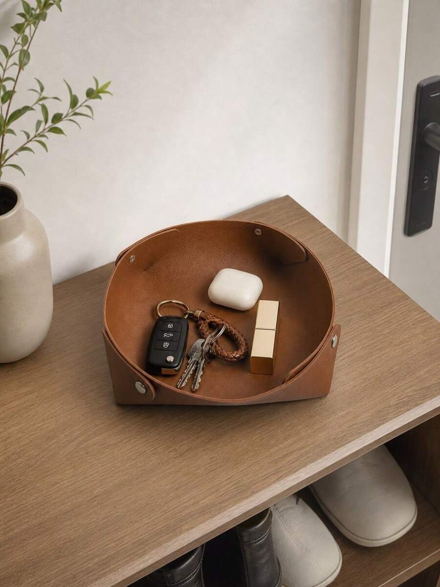 1pc Multifunctional PU Leather Storage Basket, Vintage Brown Round Foldable Storage Basket With Metal Snap, Desktop Organizer, Suitable For Jewelry, Keys, Watches, Cosmetics, Remote Controls, Entryway, Vanity, Bedroom, Office And Travel - Multicolor - View 1
