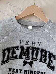 Girls Letter Print Round Neck Long Sleeve Top And Wide Leg Pants With Bow Decor, Autumn/Winter - Grey - View 3