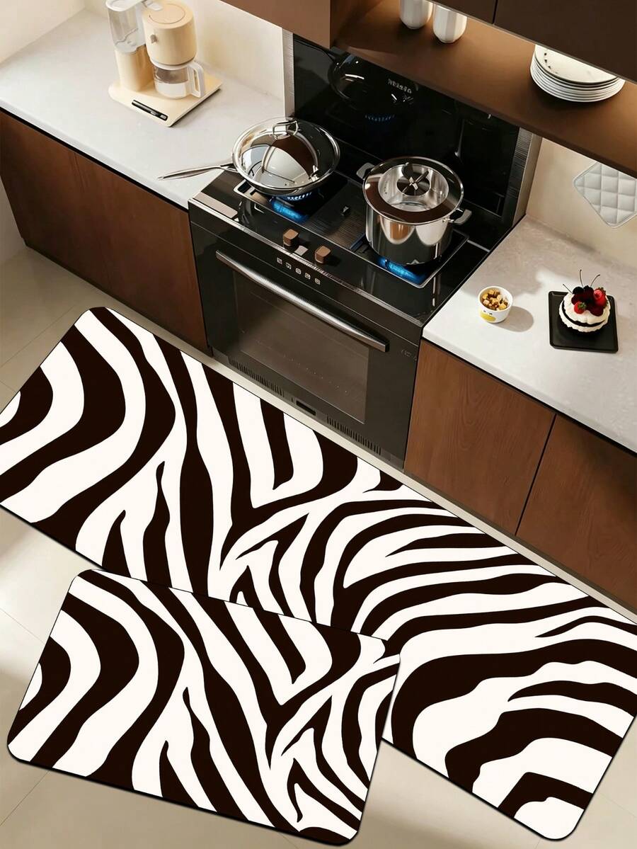 1pc Classic Dark Brown & White Zebra Stripe Floor Mat, 3.5mm Trimmable Kitchen Anti-Slip Mat, Kitchen Rug Suitable For Bathroom Mat, Hallway Carpet, Outdoor Garden Decor - Multicolor - View 1