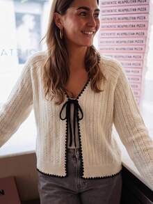 Gentle Style Lace-Up Outerwear, Full-Body Vertical Striped Cable Cable Contrast Color Wavy Hem, Versatile Short Knit Top, Suitable For Daily Commute, Date, Afternoon Tea - Apricot - View 6