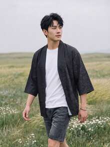 Men's Solid Color Casual Daily Kimono Shirt - Black - View 2