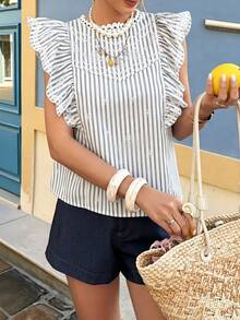 Spring/Summer Grey And White Striped Embroidered Ruffle Trim Blouse, French Vacation Style For Dating And Daily Wear - Multicolor - View 3